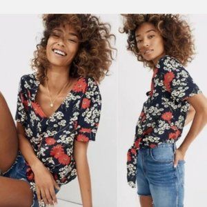 Madewell Floral Tie Front Top Navy Blue